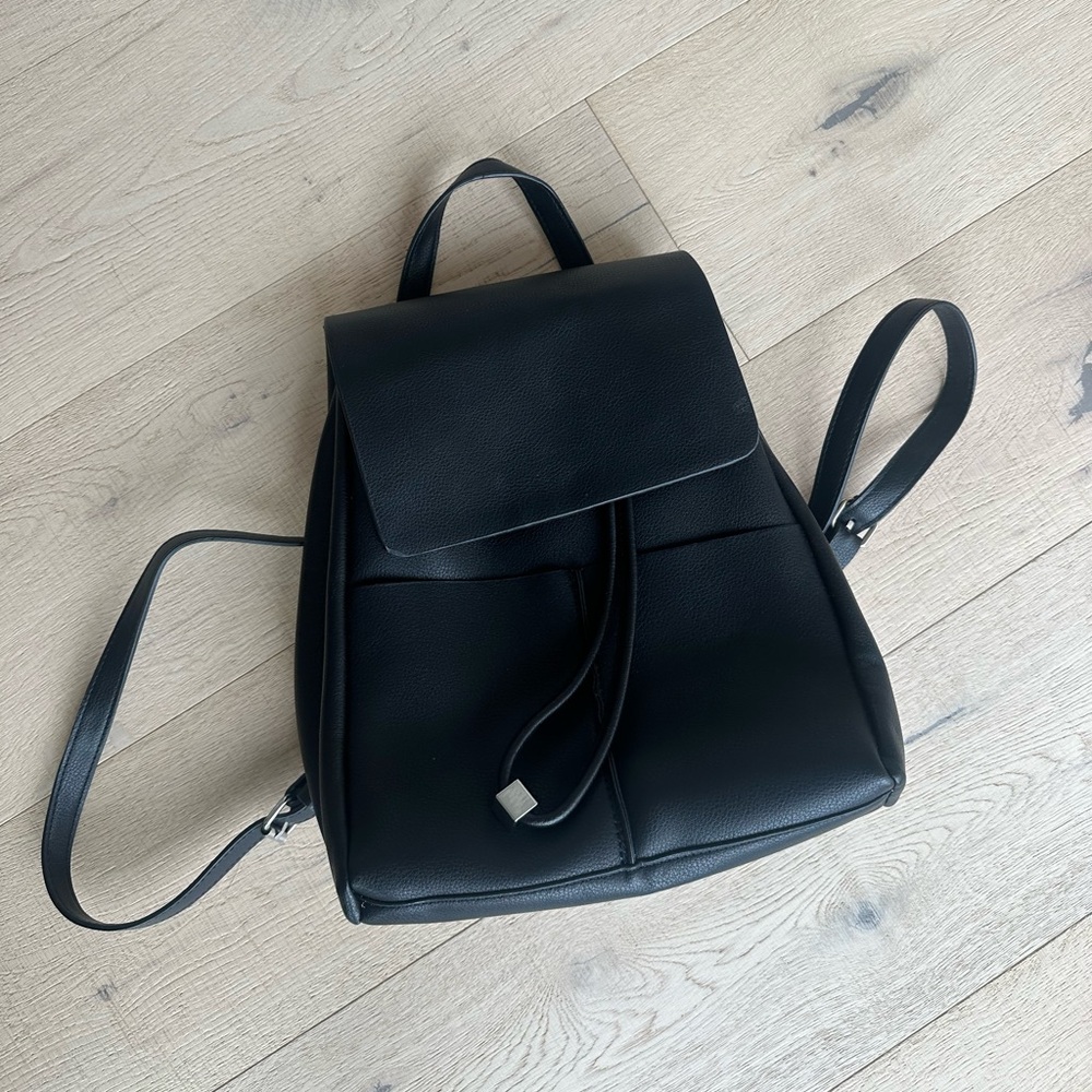 Black faux leather backpack